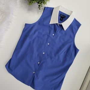 Ann Taylor Sleeveless Blouse Blue White Collar